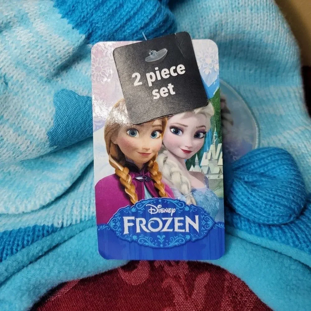 Disney Frozen OSFM Beanie Mittens Set Girls Blue Elsa Anna Winter Hat‎ 2pc NWT
